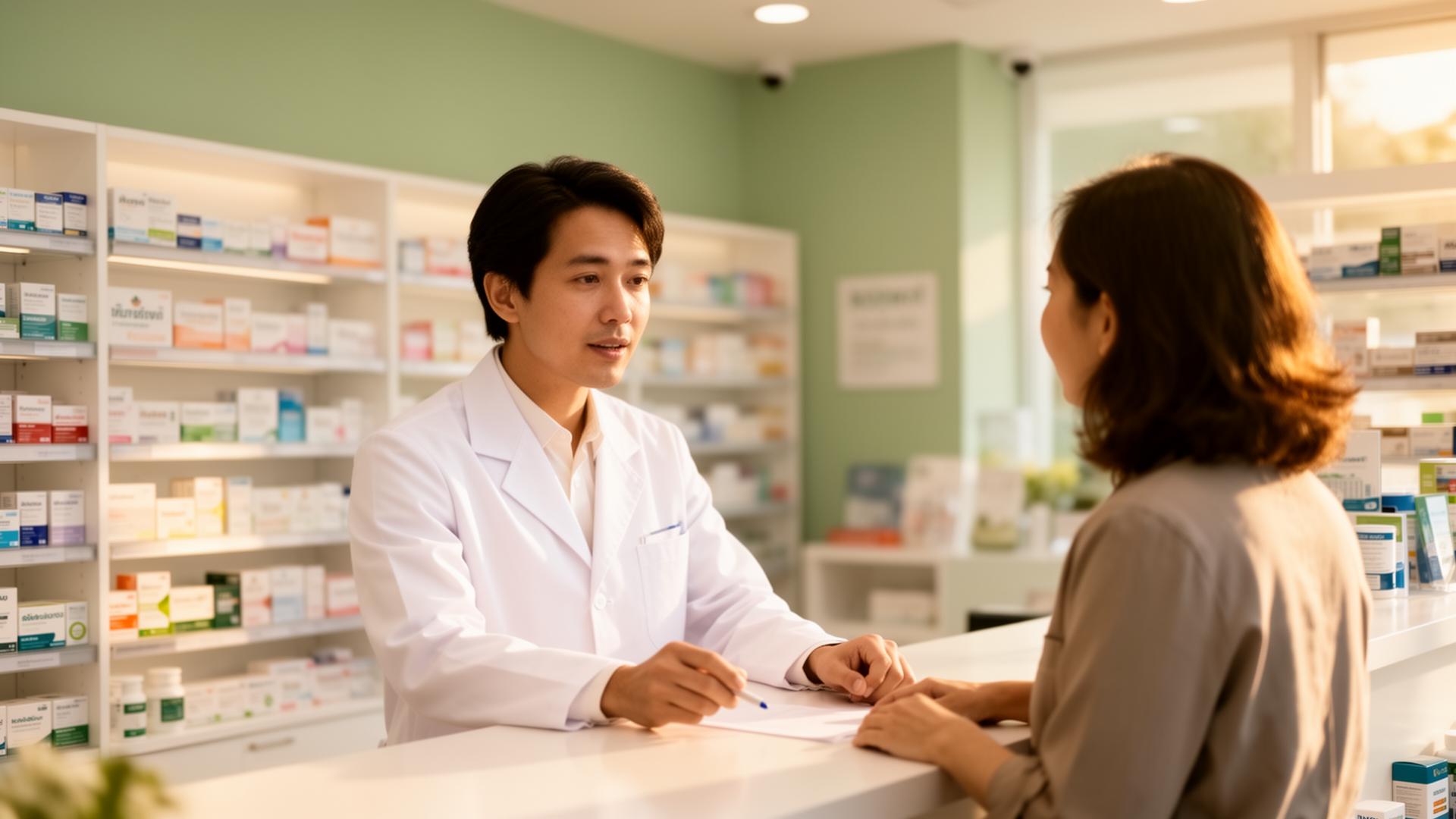 Pharmacist consulting a patient in a modern pharmacy